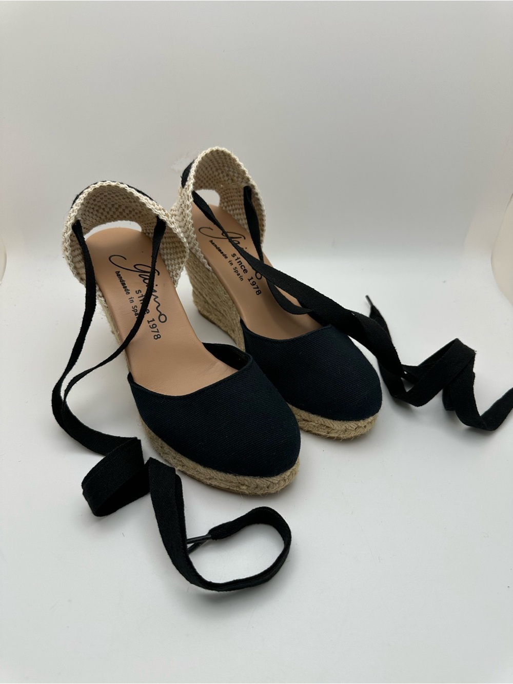 Gaimo Spain Closed Toe Women’s Black Espadrille Wedge Sandals with Ankle Wrap